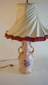 lot 49 image: Beautiful porcelain pink hand-painted lamp 25 inches tall possibly with original shade