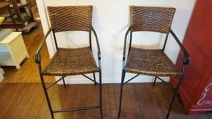 lot 68 image: Pair of Bar Stools wicker rattan rod iron