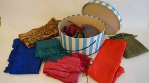 lot 76 image: Vintage hat box with vintage scarves