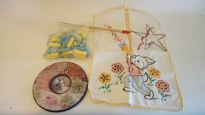 lot 97 image: Vintage Curlers, Laundry Bag, Rug Beater, Picture Frame