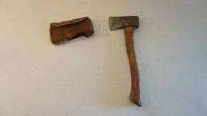lot 122 image: Vintage Axe with wood handle and leather caseHultz