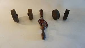 lot 123 image: Antique hand crank drill, four 4  grinding stones