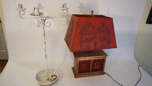 lot 214 image: 23 inch red punched metal lamp, 25 inch candelabra white metal
