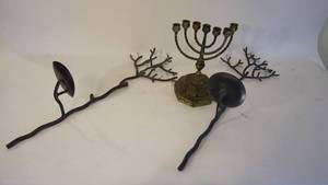 lot 215 image: 30 inch cast iron pair wall decor candle holder, ornate brass candelabra