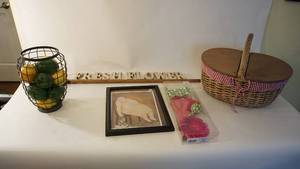 lot 216 image: Assorted lot including vintage picnic basket, wall decor etc.