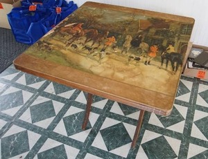 lot 285 image: Antique wood folding table with polo scene on top