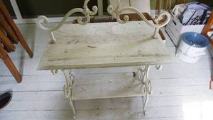 lot 351 image: Unique ornate two-tier floor display shelf wrought iron and wood