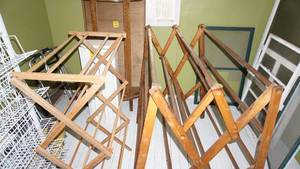 lot 360 image: Very large, solid, well made notched with no screws Quilt displayclothes drying rack -4 feet tall and wide