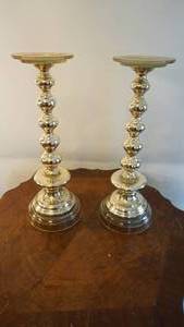 lot 385 image: Tall heavy brass candlestick display mounts with flat top