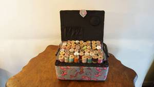 lot 386 image: Sewing basket full of thread etc. please see all photos for best description