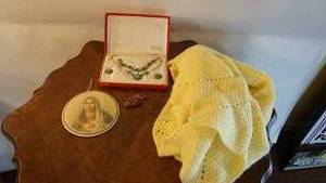 lot 397 image: costume jewelry, crocheted table linen, Sacred Heart of Mary plaque