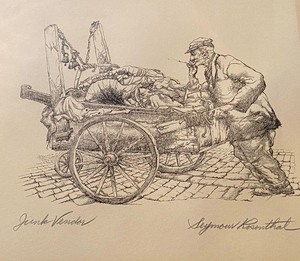 lot 239 image: Framed Vintage Etching entitled, Junk Vendor  by Seymour Rosenthal
