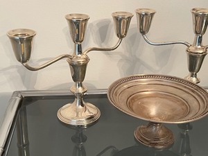lot 251 image: Pair of Sterling Silver Candleholders and Sterling Candy Dish