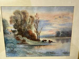 Watercolor Picture of House, Land & Cars