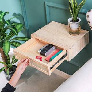 lot 30 image: FURAND Pinewood Floating Rattan Shelf with Drawer - Bedside TableNightstand