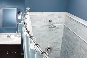 lot 73 image: Moen CSR2172CH 5-Foot Adjustable Tension Single Curved Shower Curtain Rod, Chrome