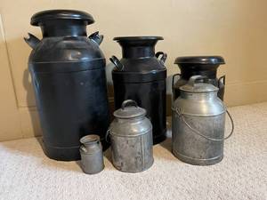 lot 60B image: Variety of Decorative Vintage Milk Cans
