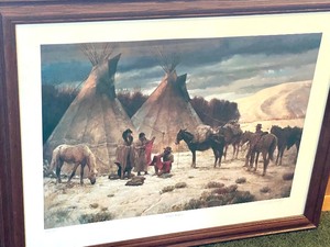 lot 128 image: Signed and Number Native American Framed Print Entitled Winter Traders by Kenneth Riley