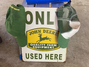 lot 57 image: Replica John Deere Metal Sign and Two John Deere Hats