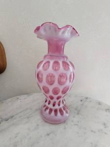 Fenton Cranberry Coin Dot Opalescent Vase with Ruffled Rim