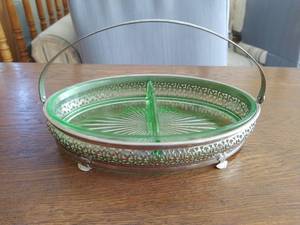 Uranium Style Green Glass Relish Dish with Handle