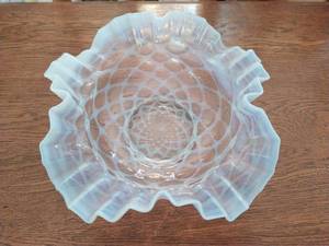 Vintage Opalescent Glass Bowl with Ruffled Rim