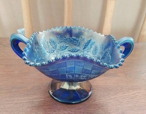 Vintage Cobalt Blue Carnival Glass Twin Handled Dish