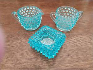 Three Miniature Blue Hobnail Glass Pieces