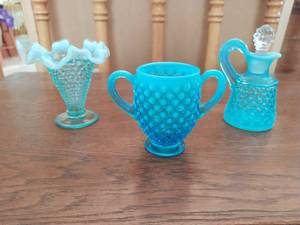 Three Blue Hobnail Glass Pieces With Opalescent Rims