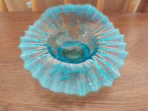 Blue Rippled Edge Opalescent Glass Bowl