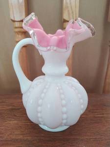 Vintage Milk Glass With Incased Pink Glass With Folded Rim Jug Vase