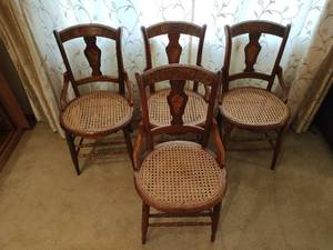 Four Vintage Wood & Cane Chairs