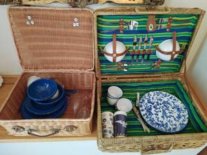 Two Vintage Pic-Nic Baskets With Some Enameled Items