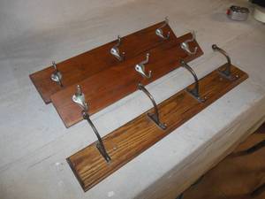 lot 122 image: (2) Walnut 21 Coat Racks, & (1) Oak 24 Coat Rack