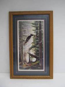 lot 19 image: Framed Signed Print by Rick Kelley - Eagle Flying Through Forest