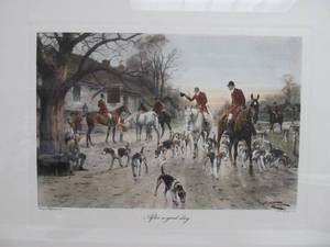 lot 28 image: Vintage Framed George Wright Engraving wHunting Dogs - After a Good Day