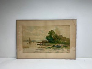 lot 56 image: Signed Antique Shoreline Scene wBoats by Carl Weber