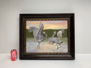 lot 60 image: Very Nice Framed Original Oil Painting wRed Crowned Cranes - Signed Julie Annette