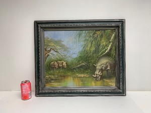 lot 59 image: Framed Original Oil on Canvas Painting w Rhinos 