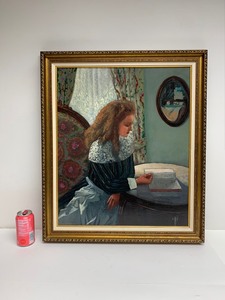 lot 62 image: Excellent Framed Signed Oil on Board Painting - Woman Reading at Table - Signed S. Duncan