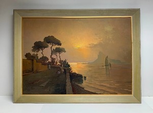lot 72 image: Fantastic Large Original Oil on Canvas Coastal Road Painting wFigures by Listed Italian Artist Ugo Maresca