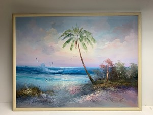 lot 70 image: LARGE Original Tropical Beach Oil on Canvas Painting by Karl Neumann 