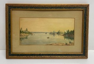 lot 48 image: Framed Signed Antique Original Watercolor Painting - Canoe on The River - Signed EPC