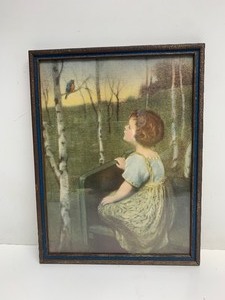 lot 50 image: Nicely Framed 1920s era Print  Spring Song Girl wBluebird