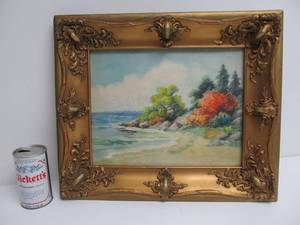 lot 45 image: Lovely Vintage Ornately Framed Original Watercolor Beach Scene Landscape Painting