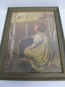lot 46 image: Nicely Framed 1920s era Print  Spring Song Girl wBluebird