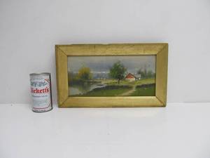 lot 47 image: Framed Antique Impressionist Style Oil on Board Painting - Homestead on the River
