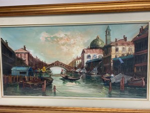 lot 80 image: Very Nice Signed Vintage Canal Scene Original Oil Painting 
