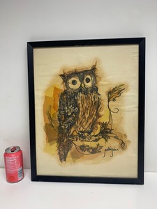 lot 99 image: Framed Signed Vintage Original Mixed Media Owl Painting