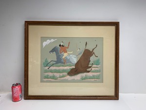 lot 107 image: Very Nice Vintage Native American Buffalo Hunting Artwork by Dine Artist Harrison Begay